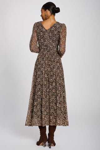 Long Sleeve Pleated Lace Maxi Dress, Neutral Animal