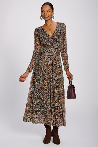 Long Sleeve Pleated Lace Maxi Dress, Neutral Animal