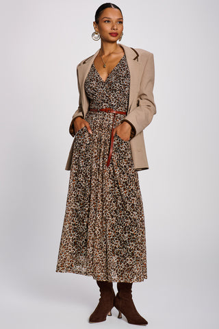Long Sleeve Pleated Lace Maxi Dress, Neutral Animal