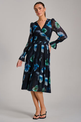 Long Sleeve Printed Mesh Midi Dress, Floral Multi