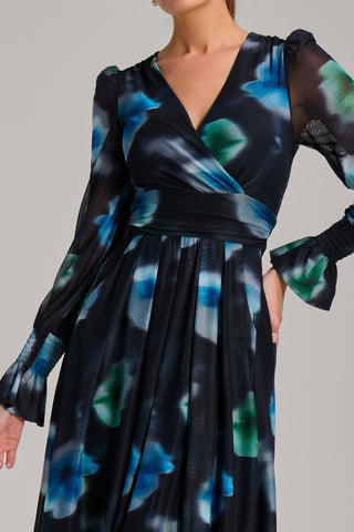 Long Sleeve Printed Mesh Midi Dress, Floral Multi