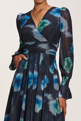 Long Sleeve Printed Mesh Midi Dress, Floral Multi