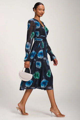 Long Sleeve Printed Mesh Midi Dress, Floral Multi