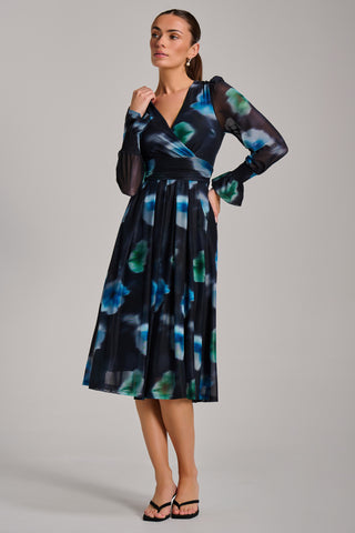 Long Sleeve Printed Mesh Midi Dress, Floral Multi