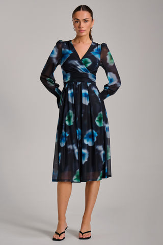 Long Sleeve Printed Mesh Midi Dress, Floral Multi