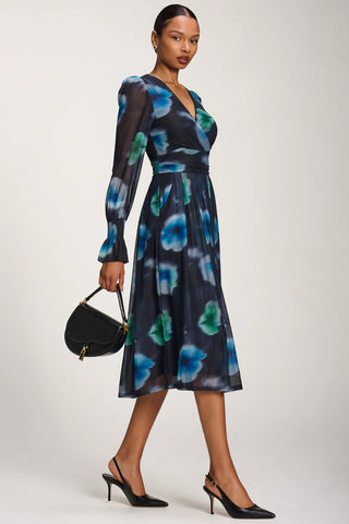 Long Sleeve Printed Mesh Midi Dress, Floral Multi