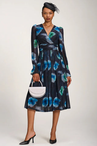 Long Sleeve Printed Mesh Midi Dress, Floral Multi