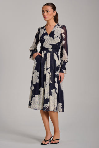 Long Sleeve Printed Mesh Midi Dress, Navy Floral