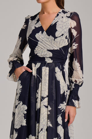 Long Sleeve Printed Mesh Midi Dress, Navy Floral