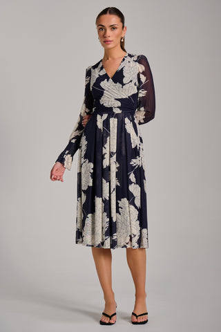 Long Sleeve Printed Mesh Midi Dress, Navy Floral