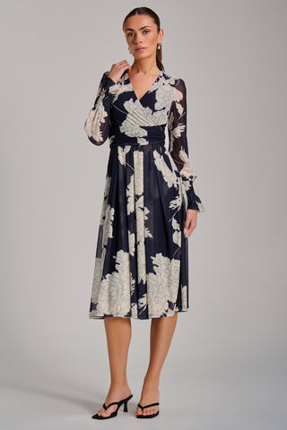 Long Sleeve Printed Mesh Midi Dress, Navy Floral