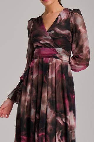 Long Sleeve Printed Mesh Midi Dress, Pink Abstract