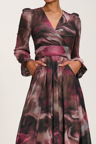 Long Sleeve Printed Mesh Midi Dress, Pink Abstract