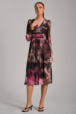 Long Sleeve Printed Mesh Midi Dress, Pink Abstract