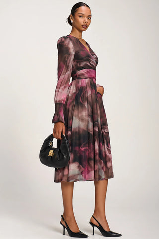 Long Sleeve Printed Mesh Midi Dress, Pink Abstract