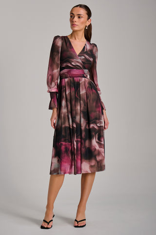 Long Sleeve Printed Mesh Midi Dress, Pink Abstract