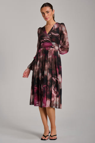 Long Sleeve Printed Mesh Midi Dress, Pink Abstract