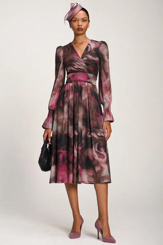 Long Sleeve Printed Mesh Midi Dress, Pink Abstract