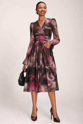 Long Sleeve Printed Mesh Midi Dress, Pink Abstract