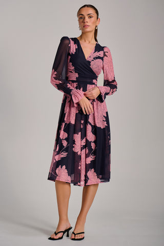 Long Sleeve Printed Mesh Midi Dress, Pink Floral