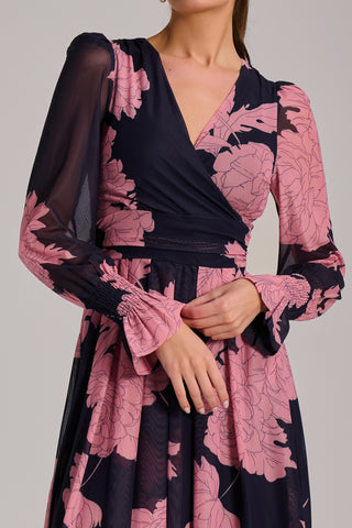 Long Sleeve Printed Mesh Midi Dress, Pink Floral