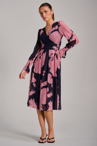 Long Sleeve Printed Mesh Midi Dress, Pink Floral