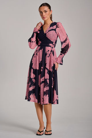 Long Sleeve Printed Mesh Midi Dress, Pink Floral