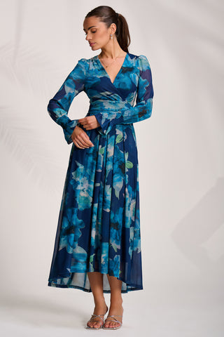 Long Sleeve V Neck Mesh Maxi Dress, Blue Floral