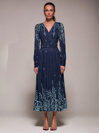 Long Sleeve Printed Mesh Midaxi Dress, Blue Floral