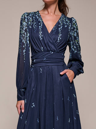 Long Sleeve Printed Mesh Midaxi Dress, Blue Floral