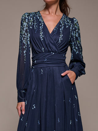 Long Sleeve Printed Mesh Midaxi Dress, Blue Floral