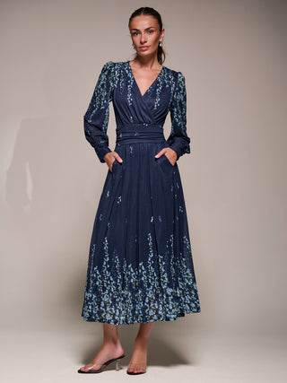 Long Sleeve Printed Mesh Midaxi Dress, Blue Floral Jolie Moi Retail Long Sleeve Printed Mesh Midaxi Dress, Blue Floral Jolie Moi Retail
