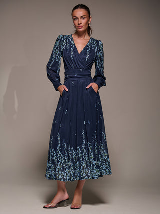 Long Sleeve Printed Mesh Midaxi Dress, Blue Floral