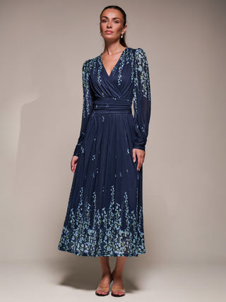 Long Sleeve Printed Mesh Midaxi Dress, Blue Floral
