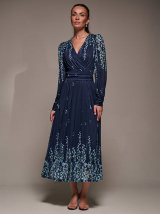 Long Sleeve Printed Mesh Midaxi Dress, Blue Floral