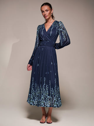 Long Sleeve Printed Mesh Midaxi Dress, Blue Floral