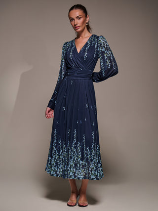 Long Sleeve Printed Mesh Midaxi Dress, Blue Floral