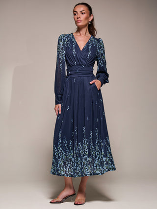 Long Sleeve Printed Mesh Midaxi Dress, Blue Floral