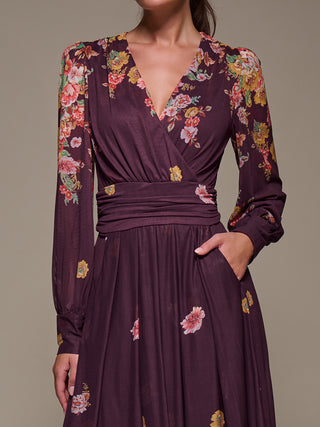 Long Sleeve Printed Mesh Midaxi Dress, Burgundy Floral