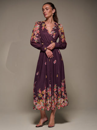 Long Sleeve Printed Mesh Midaxi Dress, Burgundy Floral