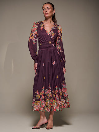 Long Sleeve Printed Mesh Midaxi Dress, Burgundy Floral