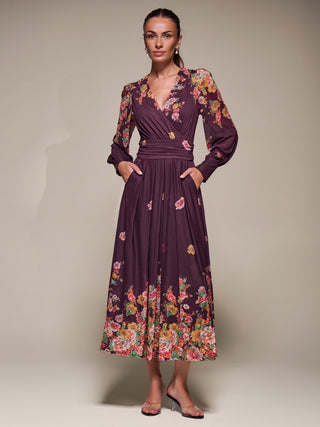 Long Sleeve Printed Mesh Midaxi Dress, Burgundy Floral Jolie Moi Retail Long Sleeve Printed Mesh Midaxi Dress, Burgundy Floral Jolie Moi Retail