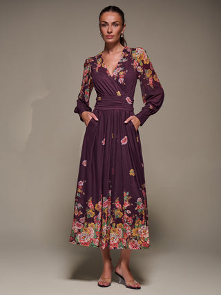 Long Sleeve Printed Mesh Midaxi Dress, Burgundy Floral