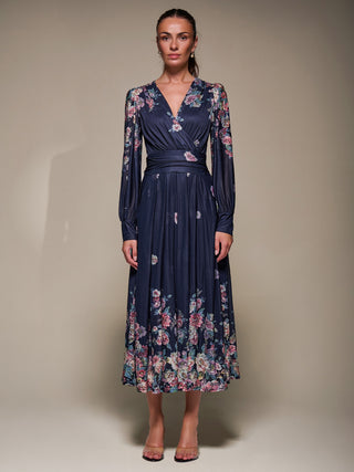 Long Sleeve Printed Mesh Midaxi Dress, Navy Floral