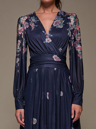 Long Sleeve Printed Mesh Midaxi Dress, Navy Floral