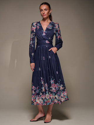 Long Sleeve Printed Mesh Midaxi Dress, Navy Floral