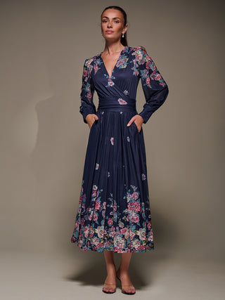 Long Sleeve Printed Mesh Midaxi Dress, Navy Floral