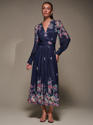 Long Sleeve Printed Mesh Midaxi Dress, Navy Floral