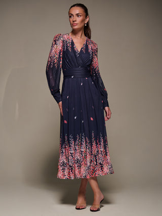 Long Sleeve Printed Mesh Midaxi Dress, Pink Leaf