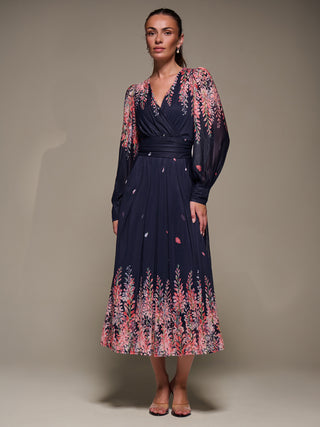 Long Sleeve Printed Mesh Midaxi Dress, Pink Leaf